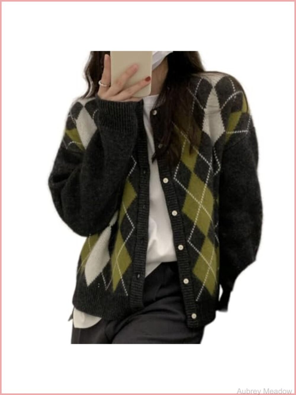 Women's V-Neck Argyle Cardigan Chunky Knit Button Front Grandpa Sweater